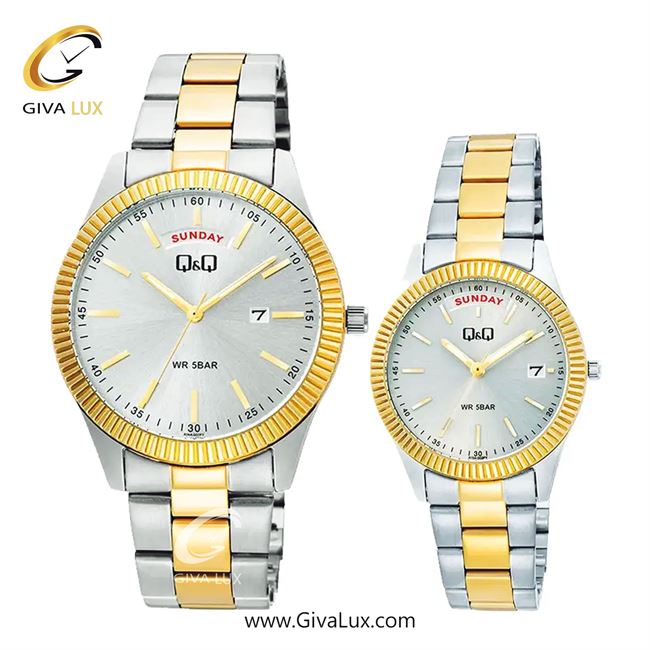 ساعت مچی اورجینال ست کیو اند کیو Q&Q نقره ای-طلایی | طلایی-نقره ای| نقره ای| کد رفرنس مردانه: A14A-002PY، زنانه: A15A-002PY